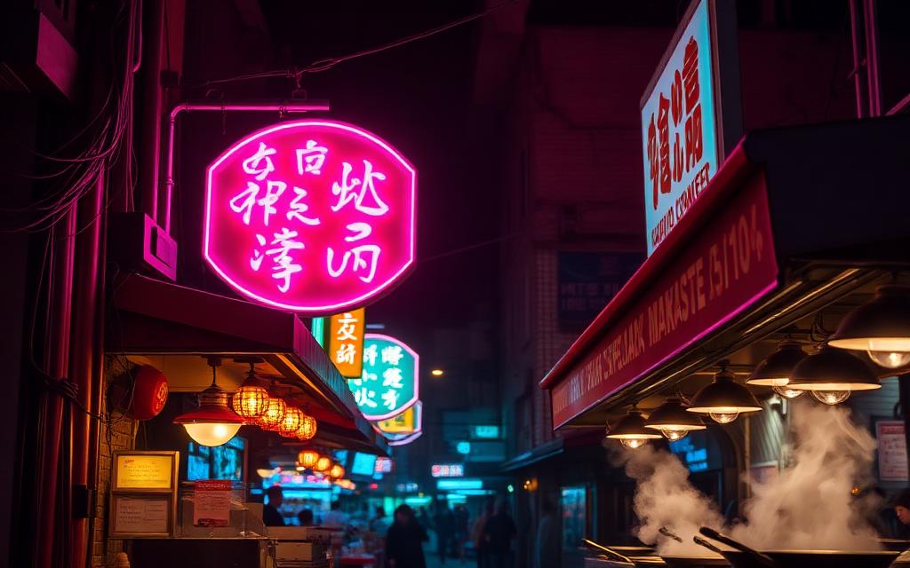 Night market stall glowing under neon signs
